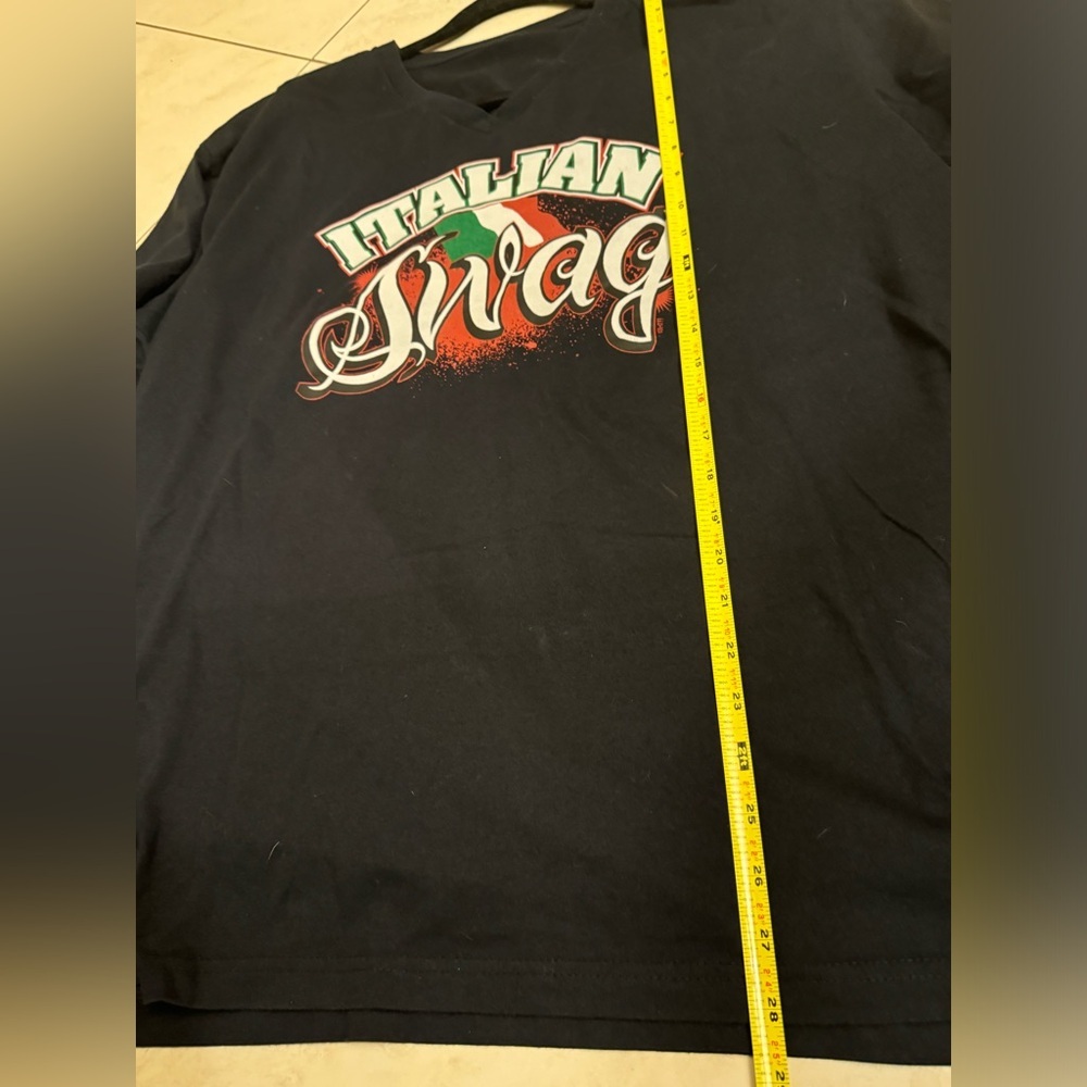 Italian Swag VNeck Black Tee Shirt - Missing Label - XL 24”W x 28”L - Picture 3 of 4